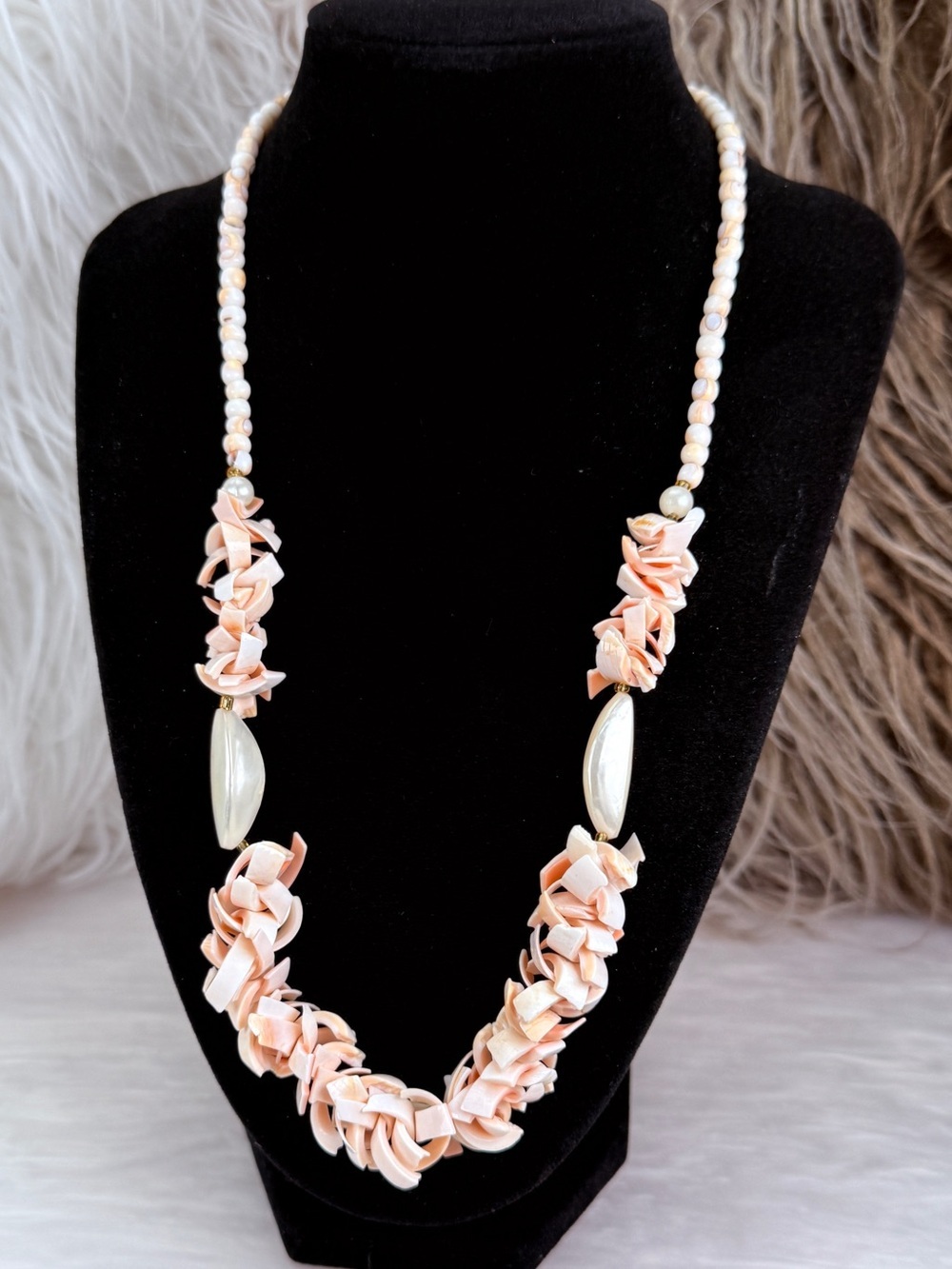 Blush Shell Chip Statement Necklace Iridescent Accent Beads Beach Boho Vintage